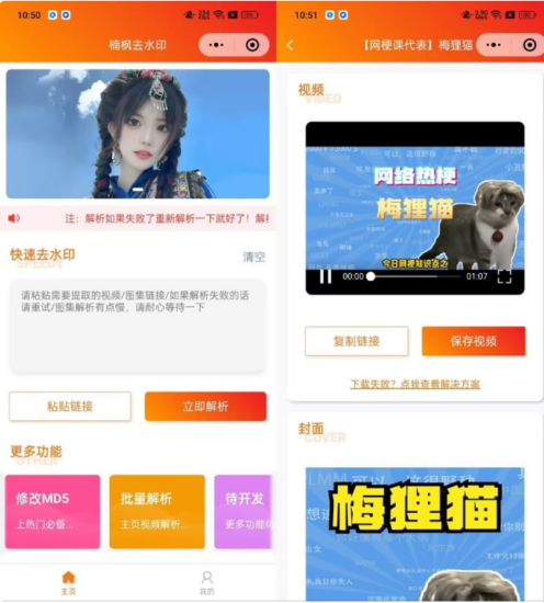 去水印小程序源码修复版-前端后端内置接口+第三方接口_麦田吧
