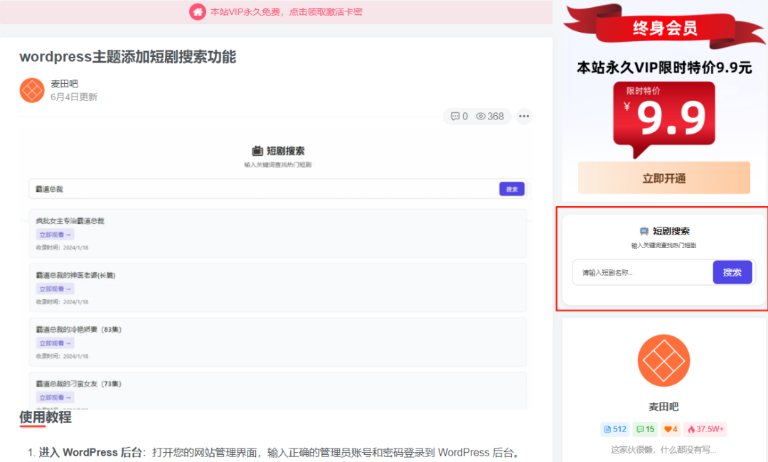 wordpress主题添加短剧搜索功能-1