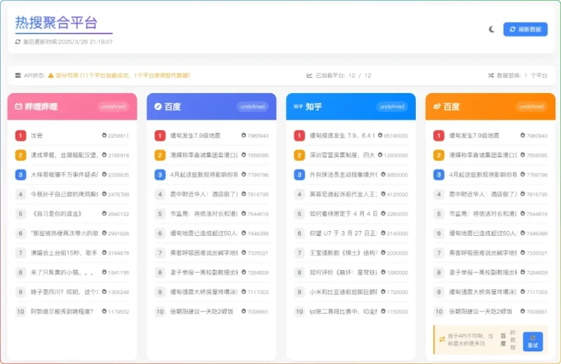 热搜聚合源码 热榜api单页_麦田吧